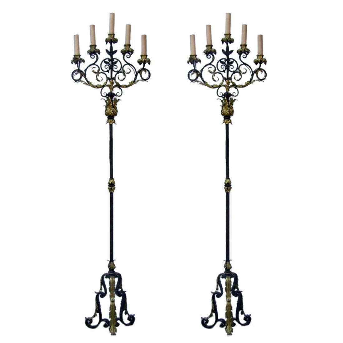 Mid 19th C Pair of Hand-Wrought Iron Torchieres