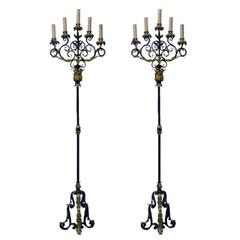 Mid 19th C Pair of Hand-Wrought Iron Torchieres