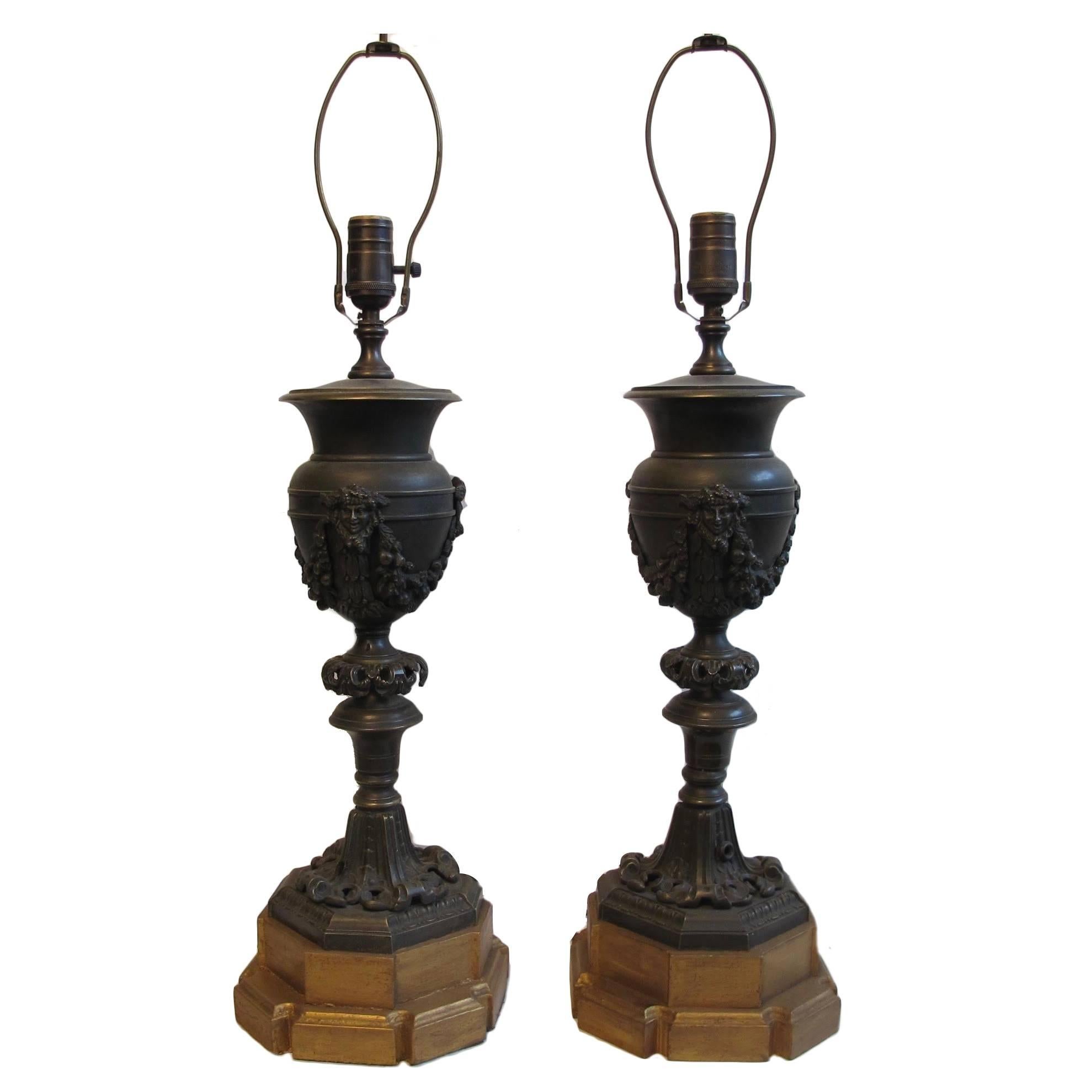 Pair of Bronze Newel Post Urn Lamps