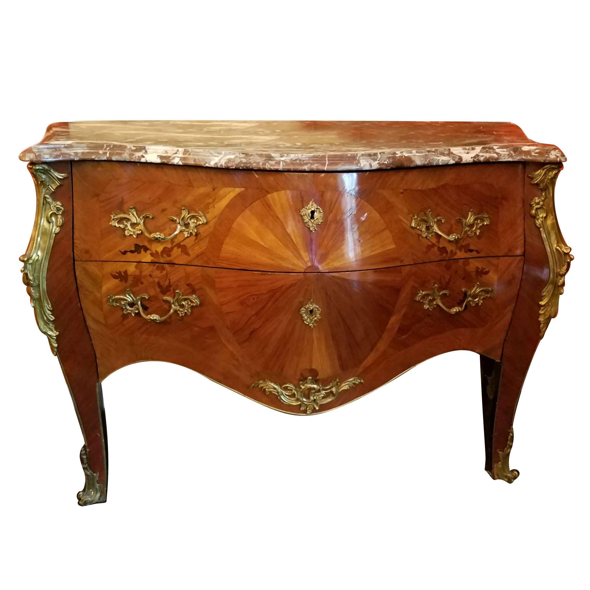 19th Century Louis XV Marquetry Inlaid Bombe Commode For Sale