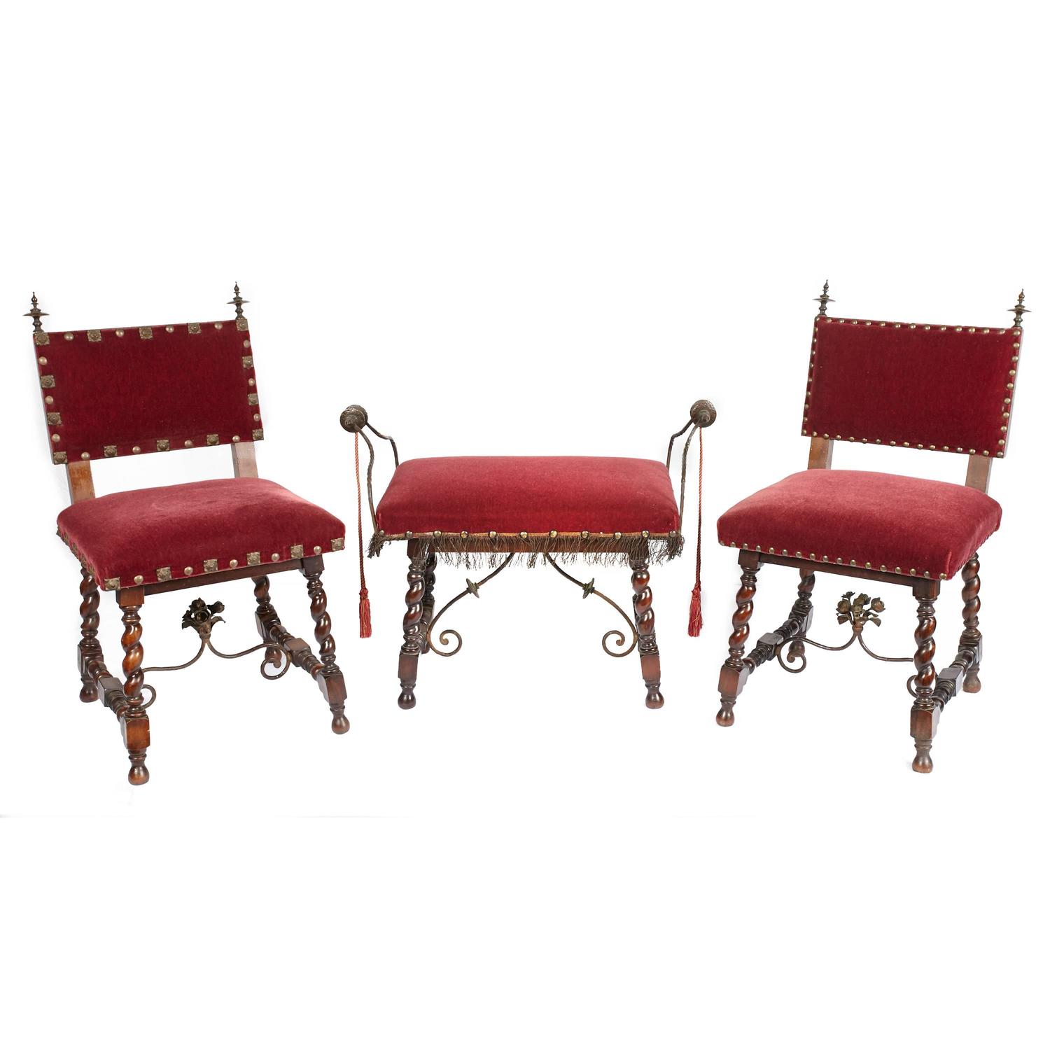 Pair of Spanish Revival Chairs with Matching Bench For Sale at 1stdibs