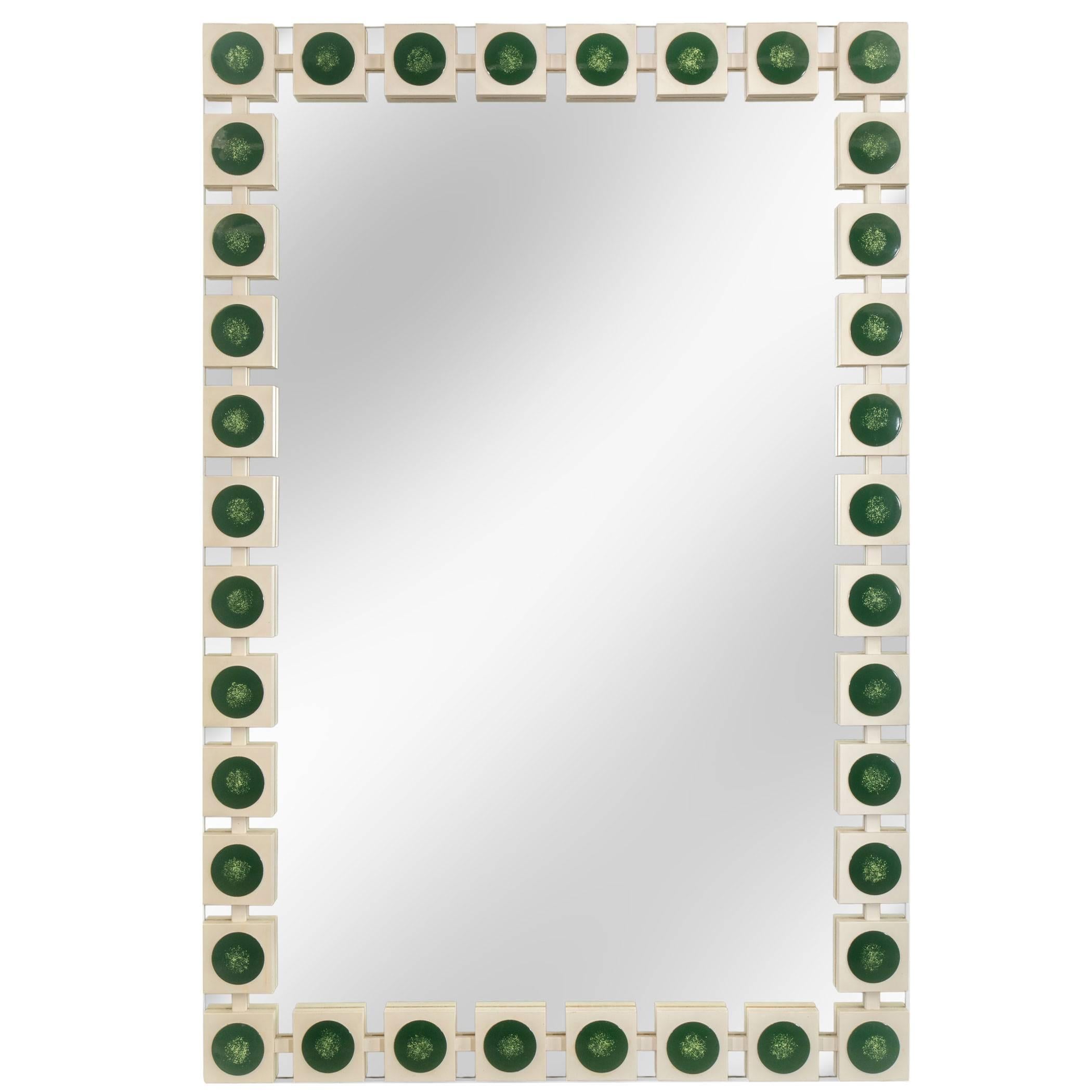 AB Glas & Trä, Swedish Glass, Wood and Enameled Copper Mirror For Sale