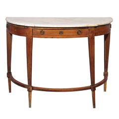 18th Century Louis XVI Walnut Demilune Console with Drawer and White Marble Top