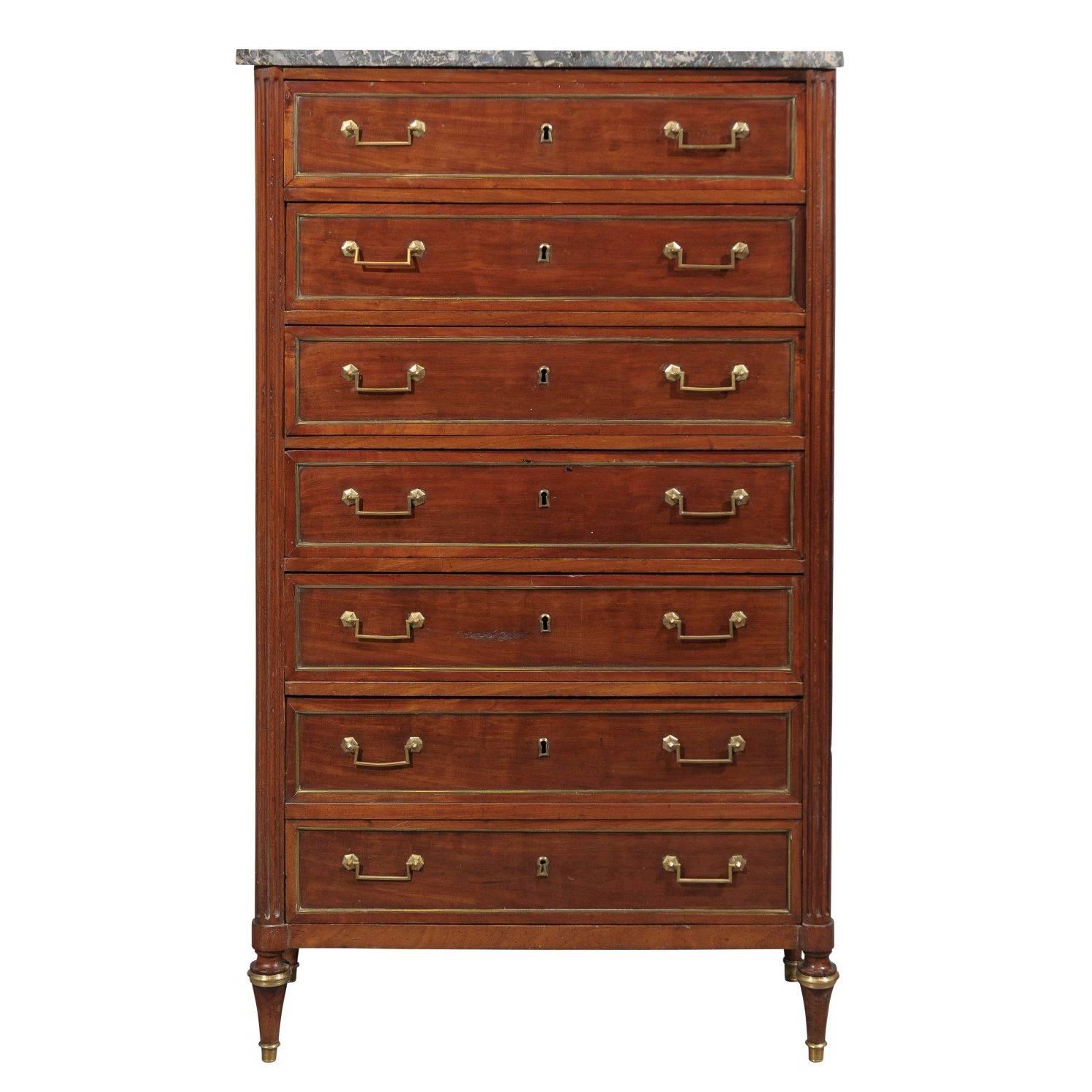 Louis XVI Mahogany Semanier with Grey Marble Top and Six Drawers, France