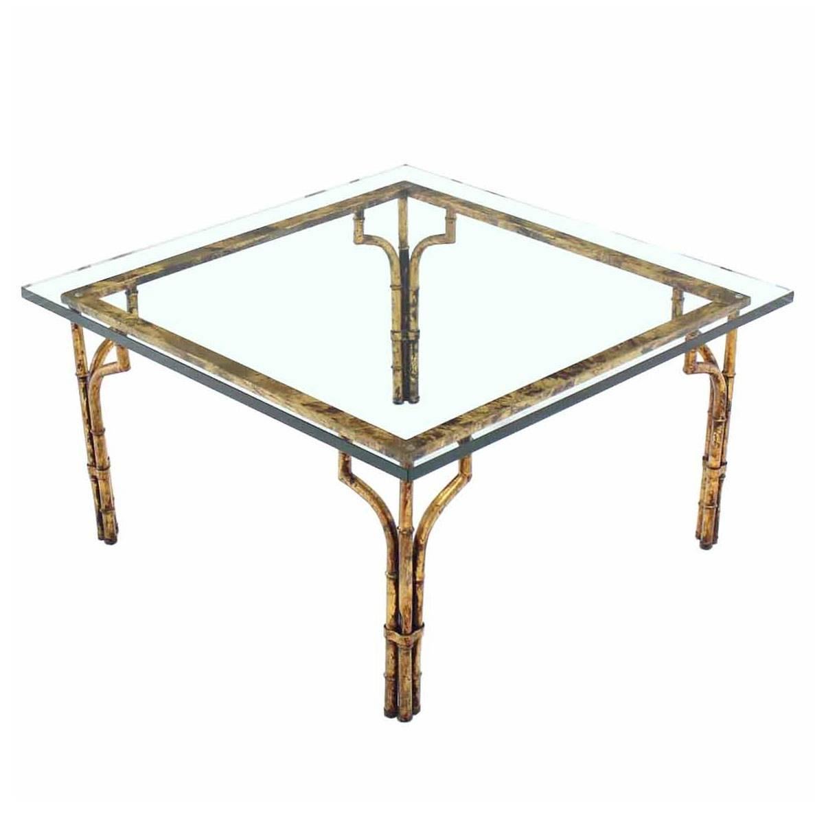 Gilt Metal Faux Bamboo Thick Glass Top Square Coffee Table For Sale