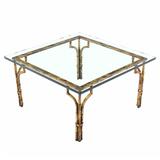 Gilt Metal Faux Bamboo Thick Glass Top Square Coffee Table