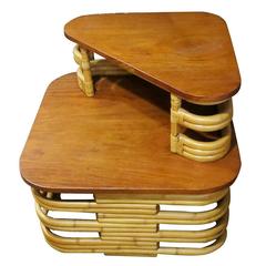 Restored Stacked Rattan Corner Side Table with Mahogany Top 4
