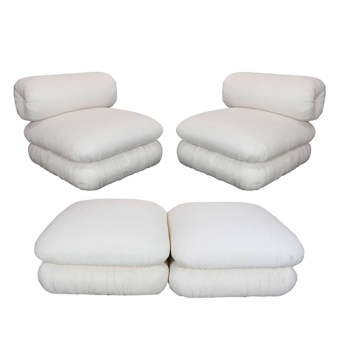 Pair of Unique and Sculptural Roll Back Slipper Chairs and Ottomans