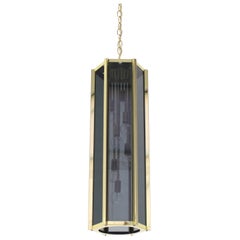 Used Tall and Narrow Smoked Glass and Brass Pendant Light Fixture