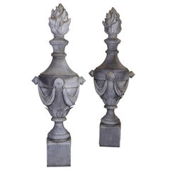 Vintage Exuberantly Scaled Pair of French Tin Ornamental Flaming Urn Garden Finials
