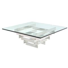 Square Thick Glass Top Stainless Pyramid Shape Base Coffee Table