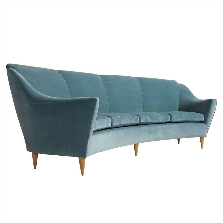 Velvet and Wood Curved Modern Sofa, circa 1960 at 1stDibs