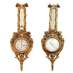 Pair of French 19th Century Carved Wood Barometer and Clock 7