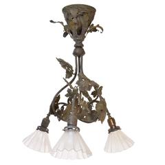 Early American Bronze Three-Light Fixture with Grapeleaf Detail & Etched Shades