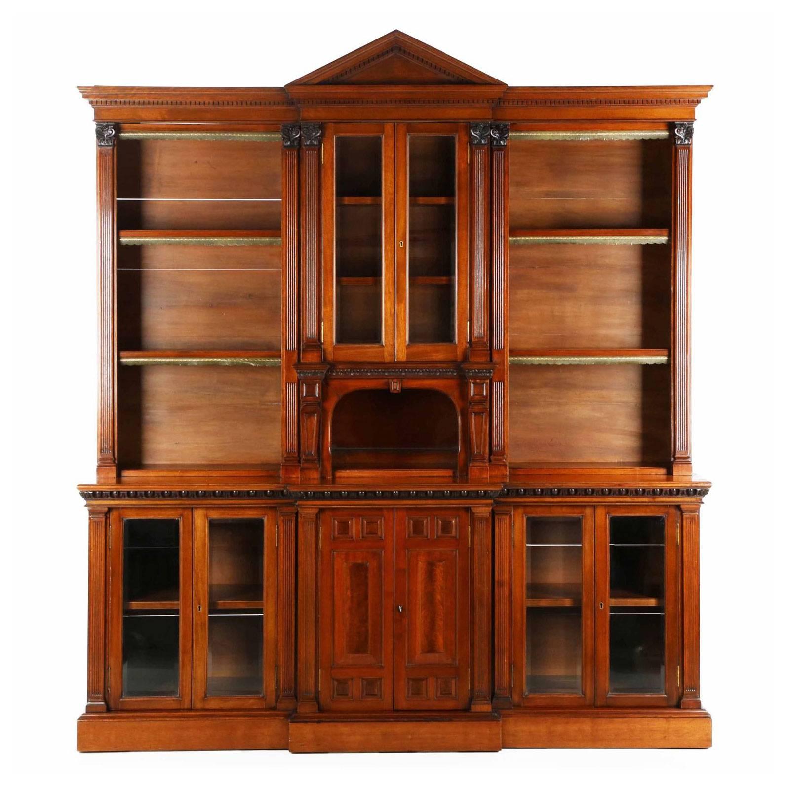 Exceptional Irish Chippendale Walnut Breakfront Bookcase, Strahan & Co.