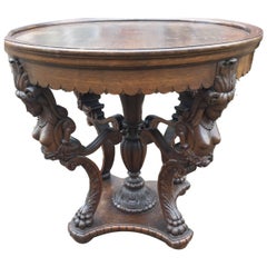 Early 1900s Carved Wooden Center or Coffee Table with Figurehead Females