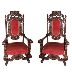 Pair of Large Antique Hand-Carved Walnut Throne Chairs
