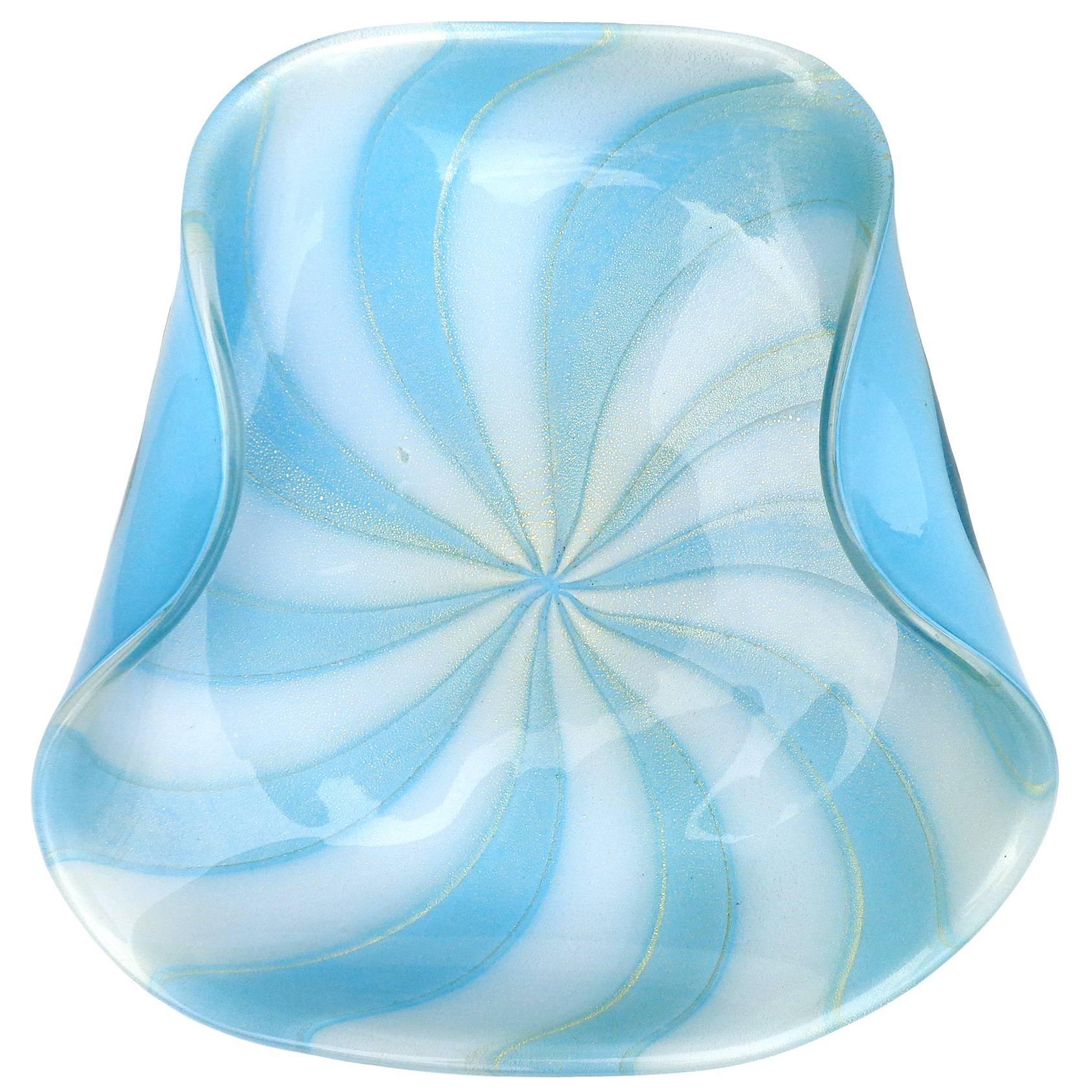 Alfredo Barbini Murano White Blue Gold Swirl Italian Art Glass Centerpiece Bowl