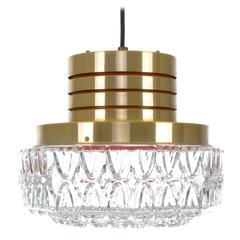 Large Danish Midcentury Hanging Crystal Glass and Brass Pendant Lamp, 1960s