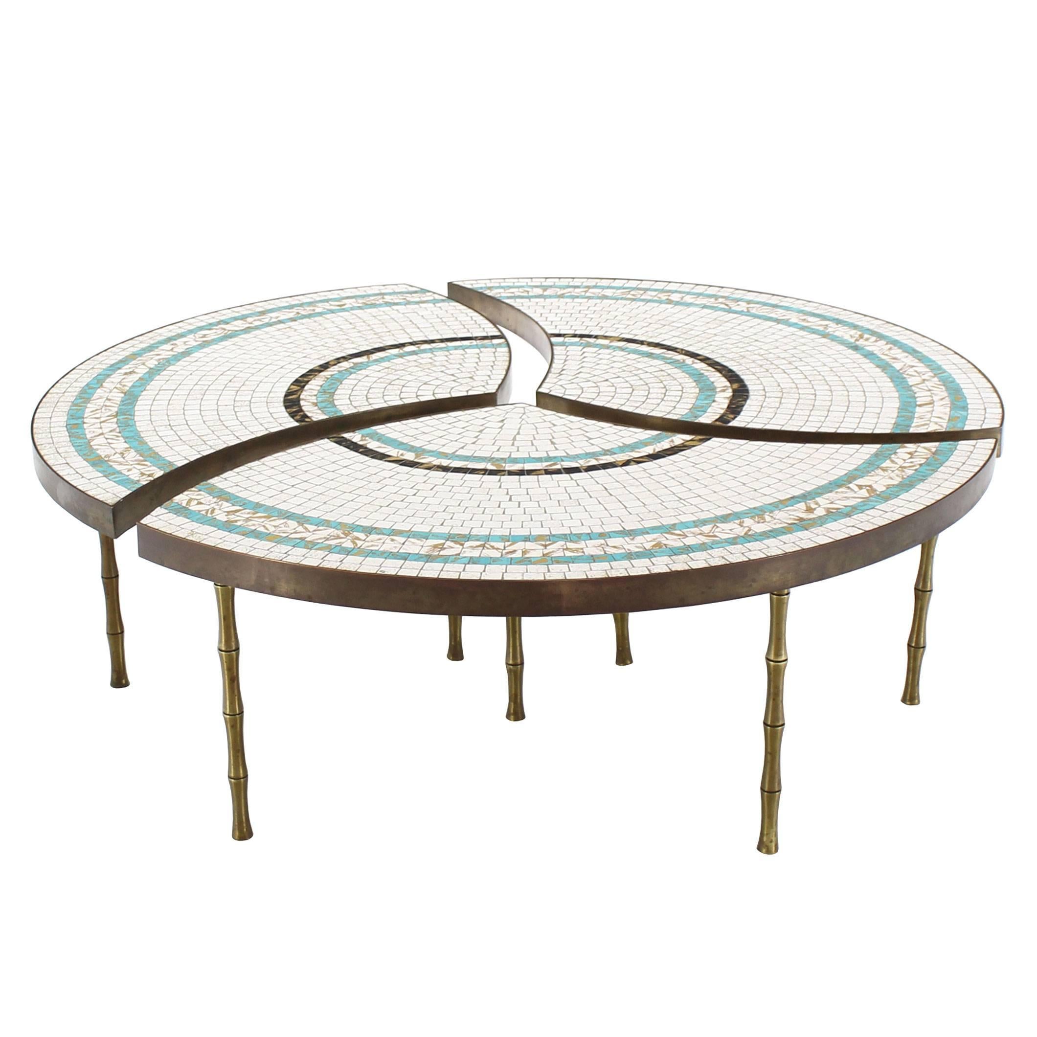 Three-Part Bronze and Mosaic Round Coffee Table
