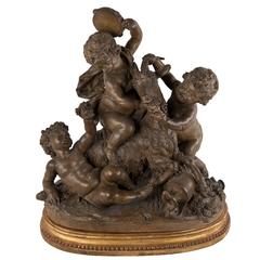 Antique 19th Century Patinated Terra-cotta Group of Bacchic Putti