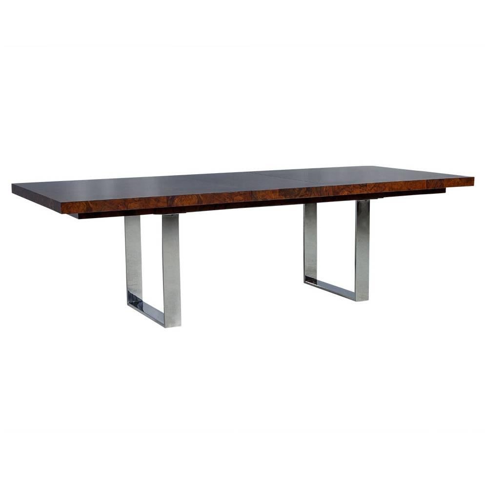 Modern Burled Walnut and Stainless Steel Dining Table