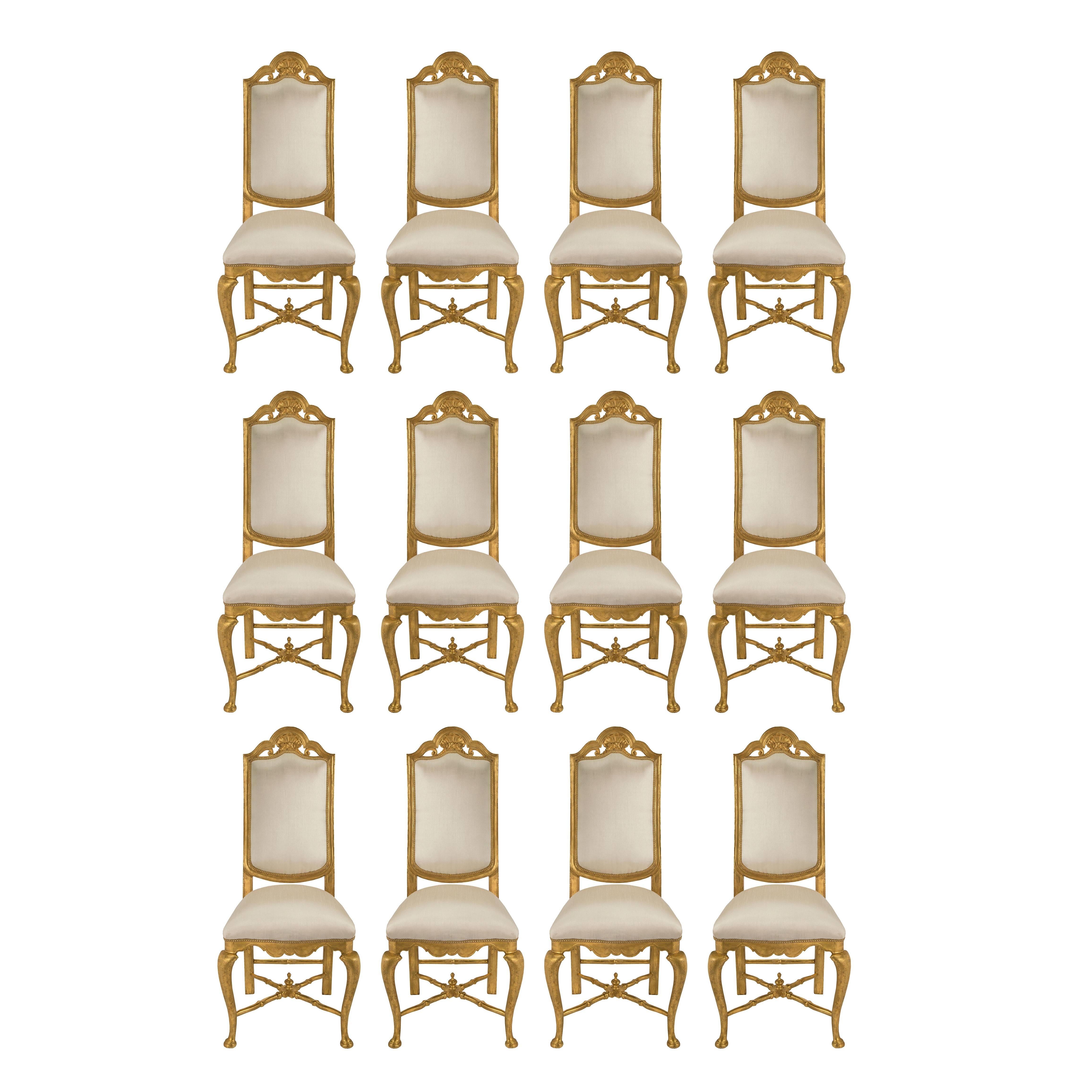 Complete Set of 12 19th Century Louis XV Style Giltwood Dining Chairs