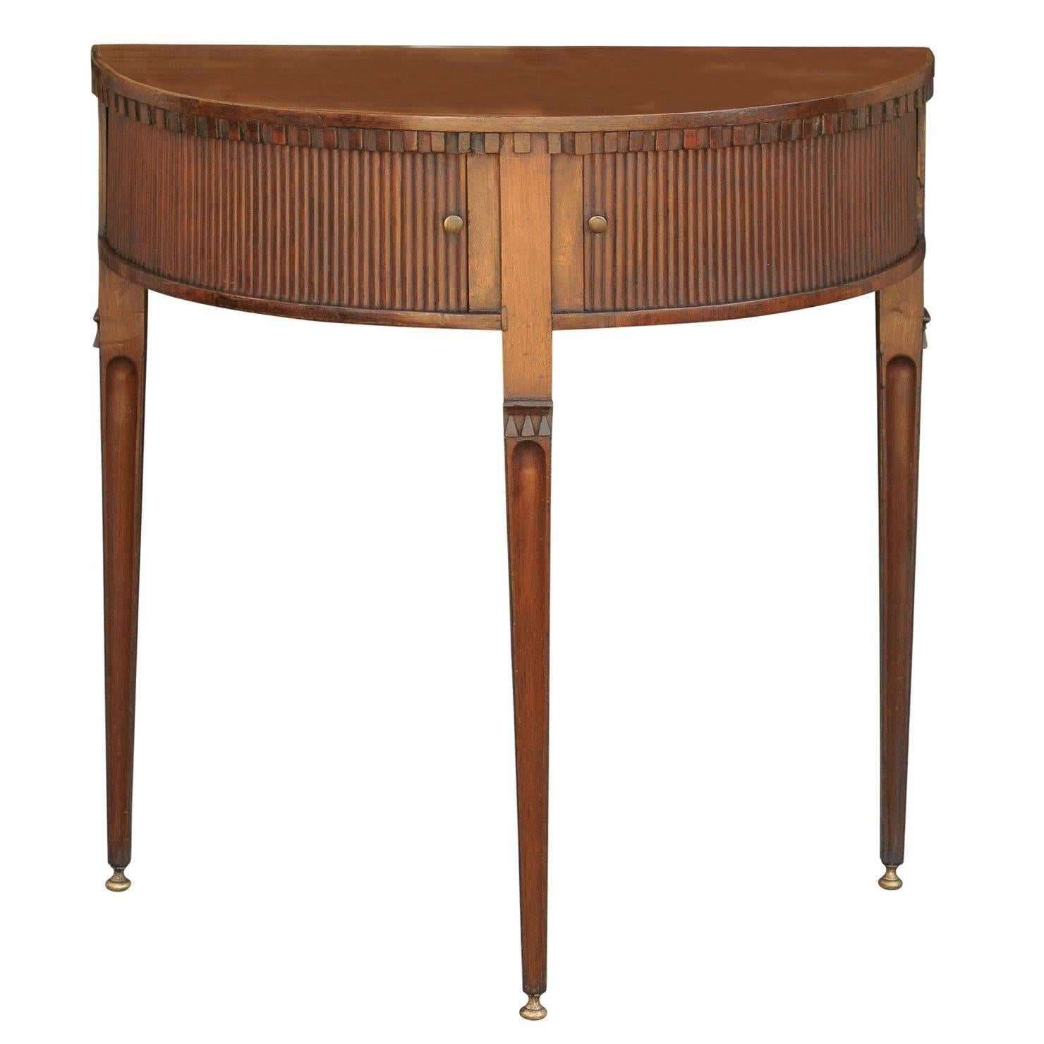 English Mahogany Neoclassical Demi-lune Console Table with Tambour Sliding Doors