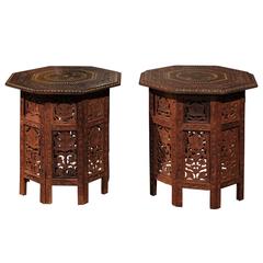 Syrian Octagonal Hand-Carved Drinks Tables with Bone and Brass Inlay, circa 1920