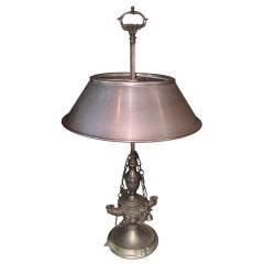 Used Neoclassical Bouillotte Silvered Bronze Oil Lamp