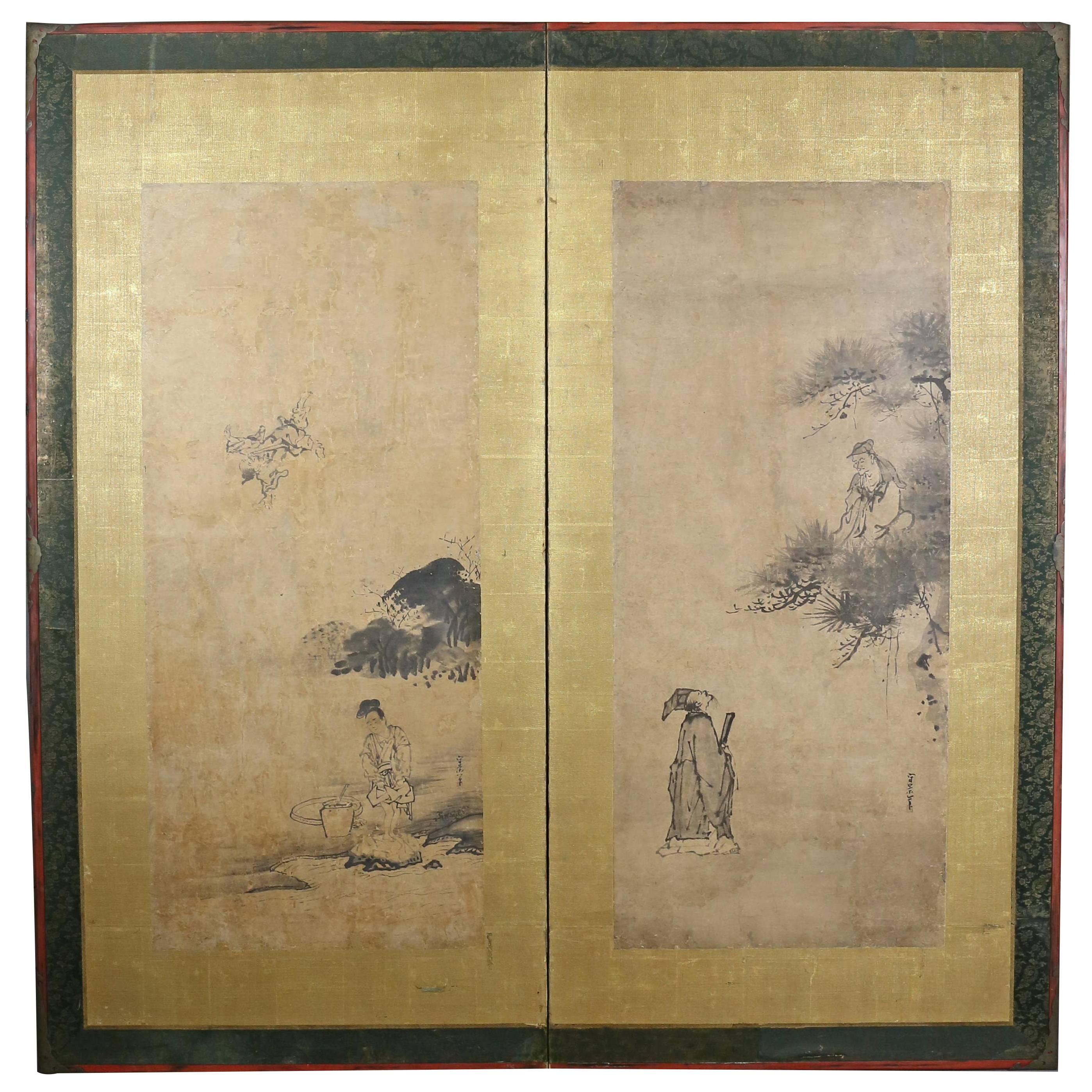 Framed Japanese Kano School Two Panel Screen Signed Kusumi Morikage