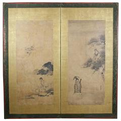 Antique Framed Japanese Kano School Two Panel Screen Signed Kusumi Morikage