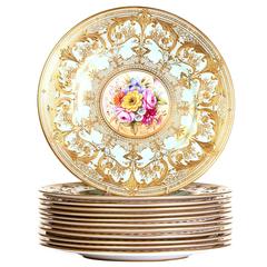 Spectacular Set of Royal Worcester Hand Decorated Dinner Plates