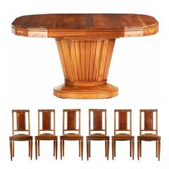 Art Deco Carved Walnut Dining Table with Six Leather Chairs, France, circa 1920s