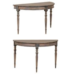 Pair of Swedish Demilune Tables in Taupe and Blue Color, 19th Century