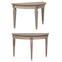 Pair of Swedish Painted Wood Demilune Tables with Fluted and Tapered Legs