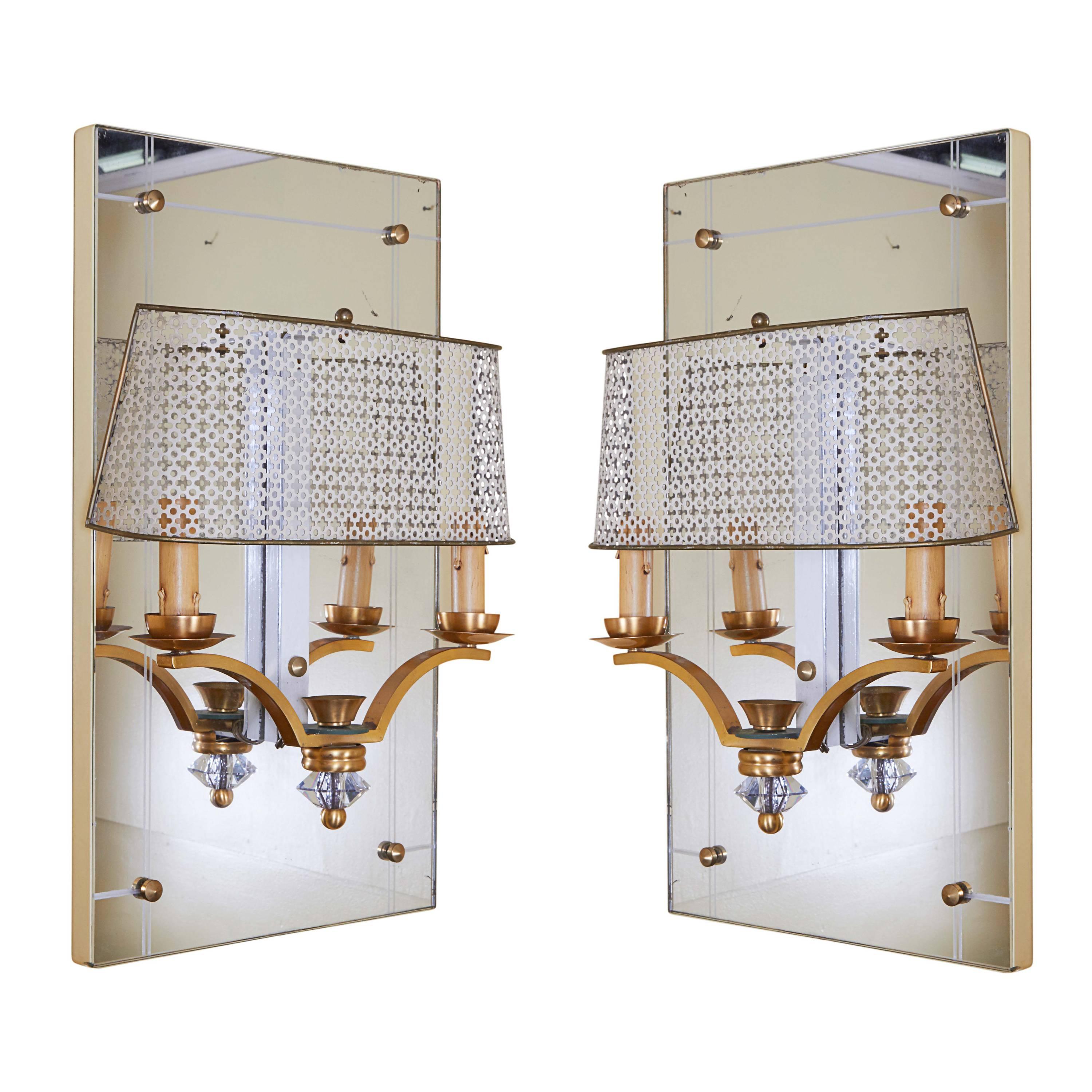 Pair of Italian Two-Light Sconces with Perforated Shades and Mirror Backplates