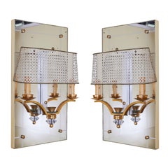 Vintage Pair of Italian Two-Light Sconces with Perforated Shades and Mirror Backplates