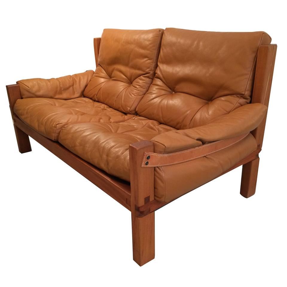 Two-Seat Sofa by Pierre Chapo Solid Elm and Cognac Leather