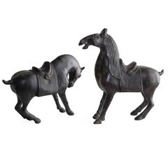 Pair of Solid Bronze Horses in the Tang Dynasty Style, circa 1990s