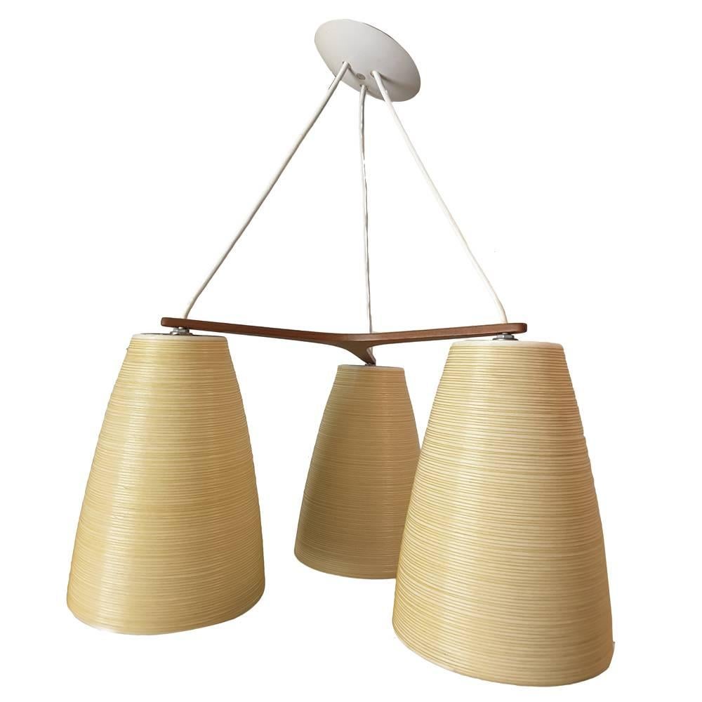 Teak Mid-Century Modern, Lotte Three-Shade Pendant Light Fixture