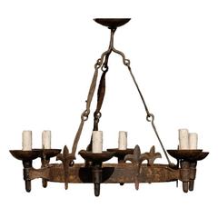 French Six-Light Forged Iron Round Chandelier