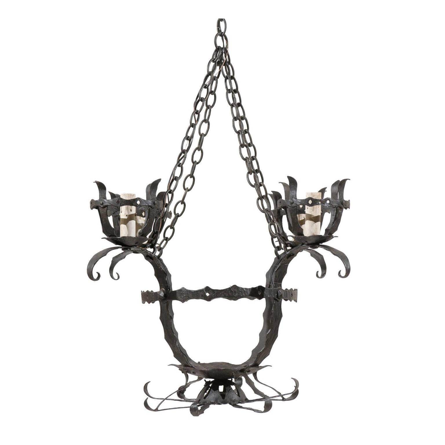 Italian Black Hammered-Iron 4 Light Basket Style Hanging Light Fixture, Re-Wired For Sale