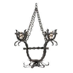 Vintage Italian Black Hammered-Iron 4 Light Basket Style Hanging Light Fixture, Re-Wired