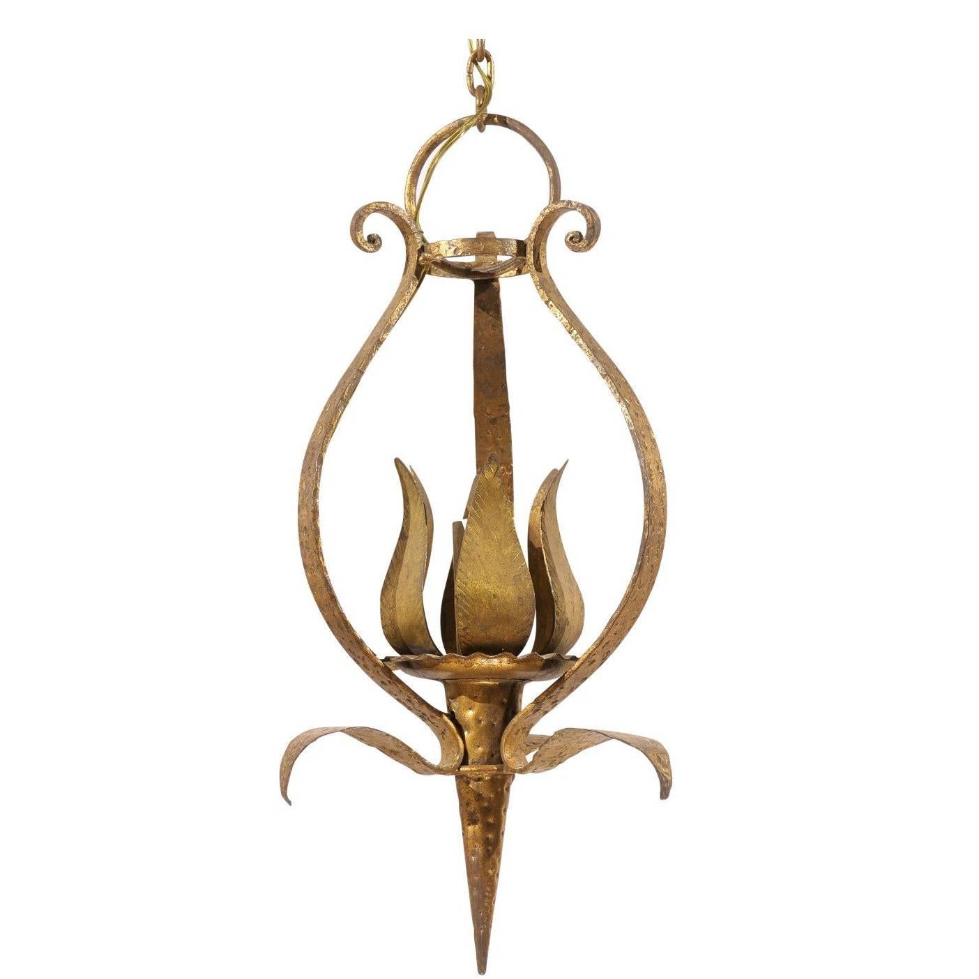 French Tulip-Shaped, Single-Light, Hammered & Gilt Metal Chandelier, Mid 20th C. For Sale