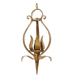 Retro French Tulip-Shaped, Single-Light, Hammered & Gilt Metal Chandelier, Mid 20th C.