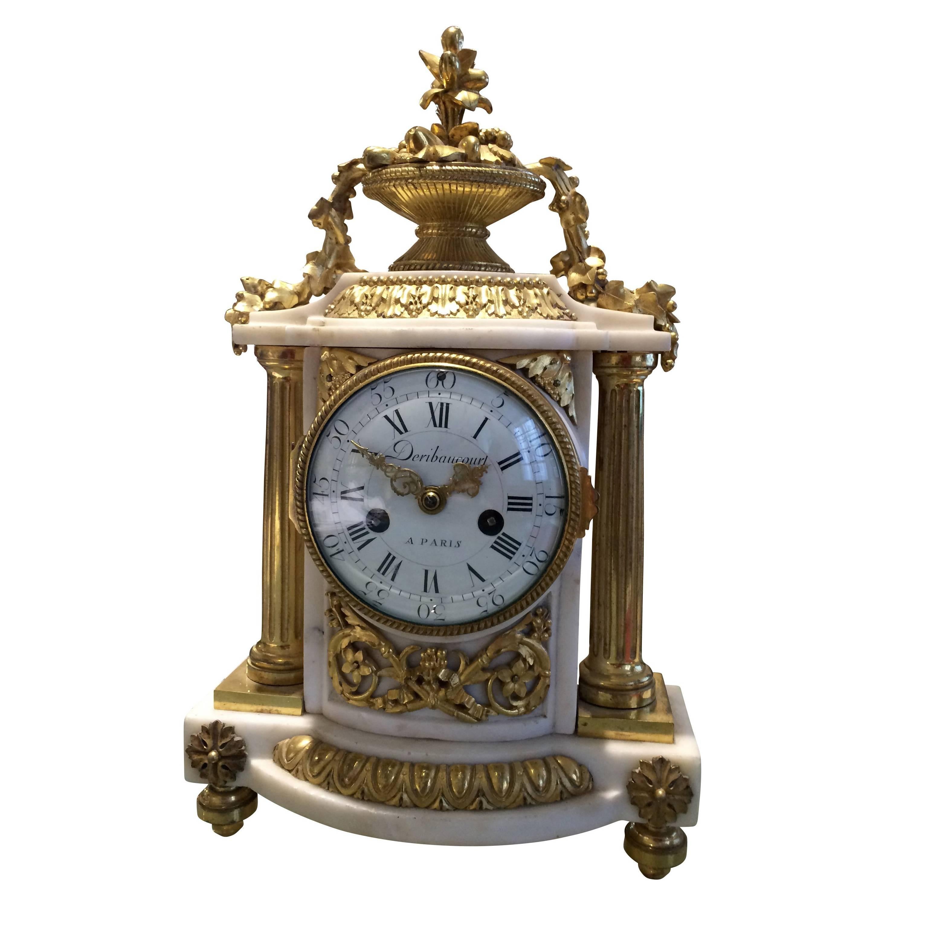Chimney Clock, Carrara Marble with Gilded Bronze Applications, circa 1780 For Sale
