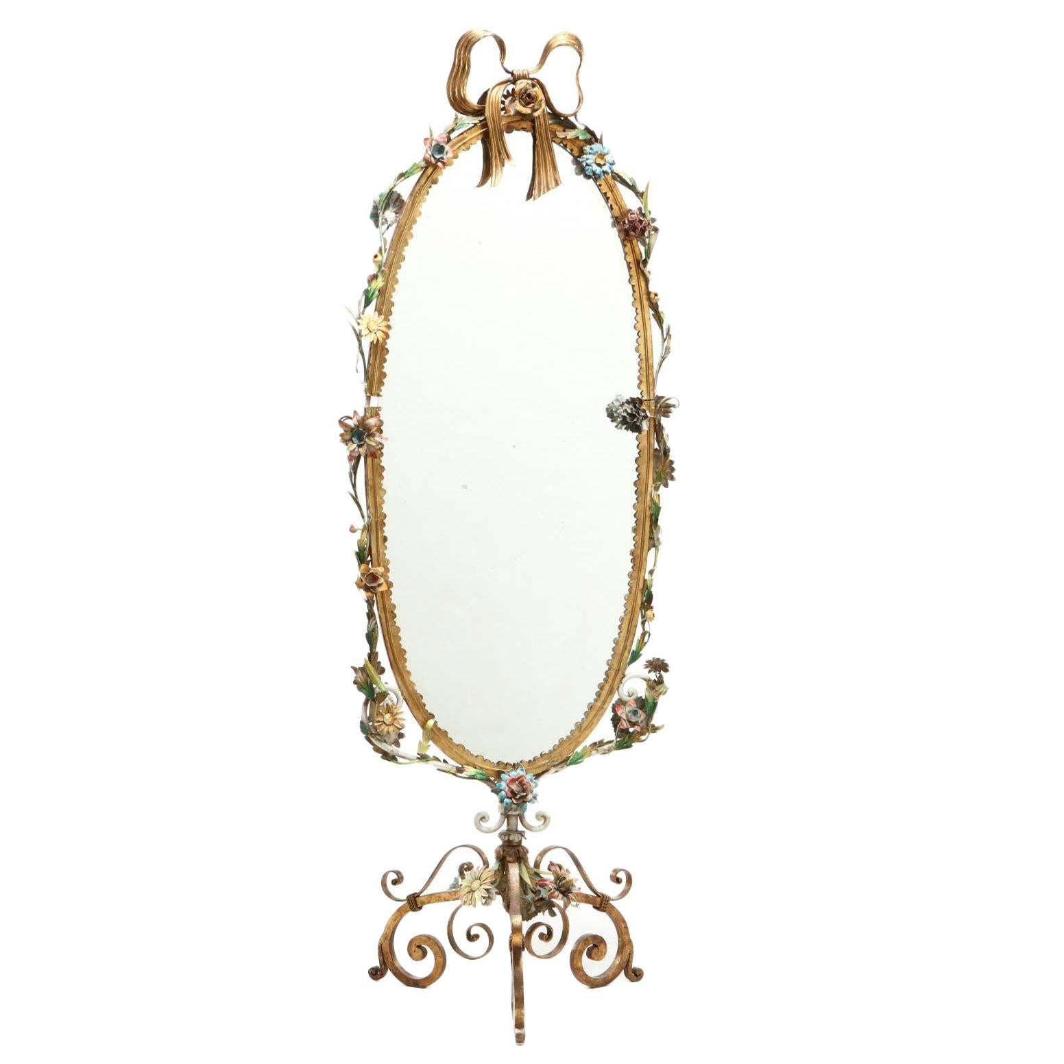 Wonderful  Bow Top Gilt Filigree Flower Floral Tole Double Sided Cheval Mirror