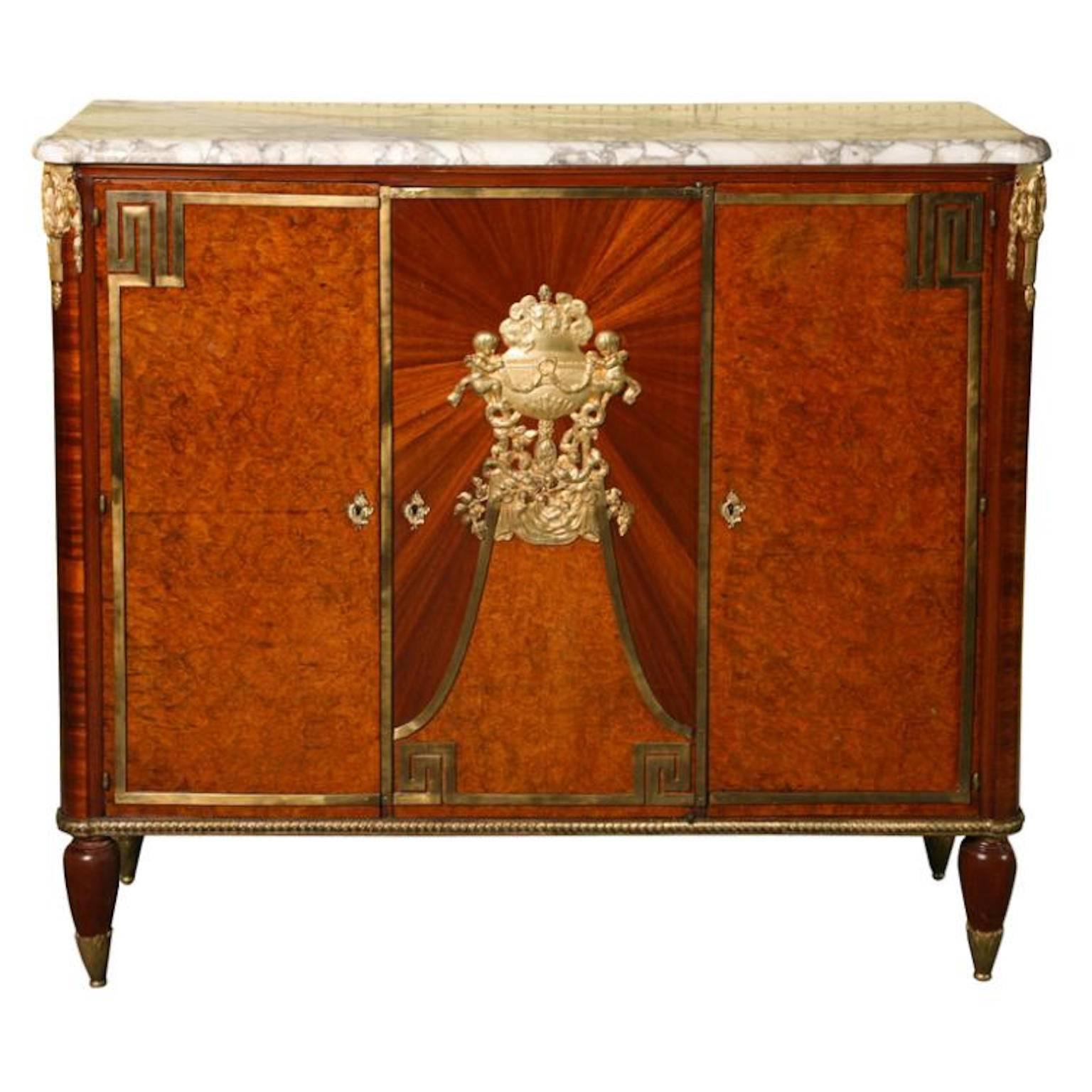 19th Century Louis XVI Style Bronze-Mounted Marble-Top Mahogany Cabinet For Sale