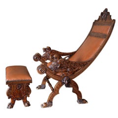 Unusual, Antique, Italian Griffin Lounge Chair with Foot Stool